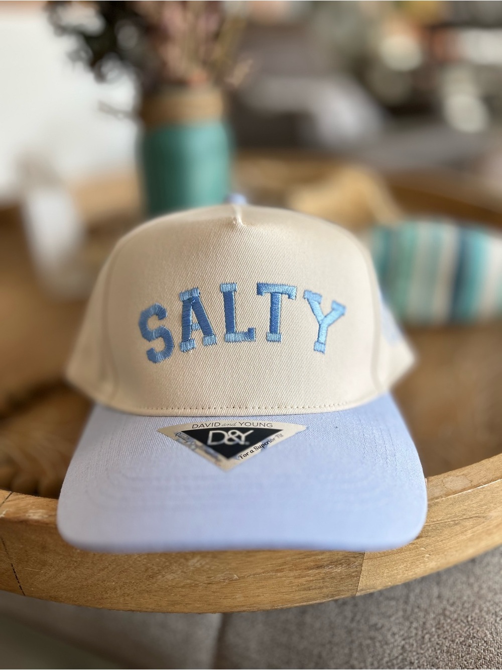 Women Salty' Cream and Light Blue Trucker Hat new palm trees 🌴 David & young
